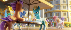 Size: 1920x804 | Tagged: safe, screencap, luau scoot, pegasus, pony, g5, my little pony: a new generation, 3d, cafe, cellphone, not zephyr breeze, phone, smartphone, table, umbrella, unnamed character, unnamed pony, zephyr heights