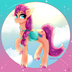 Size: 574x571 | Tagged: safe, artist:aber6823, sunny starscout, earth pony, pony, g5, backwards cutie mark, bag, colored hooves, cute, eyebrows, eyebrows visible through hair, female, mare, pin, raised hoof, simple background, smiling, solo, unshorn fetlocks