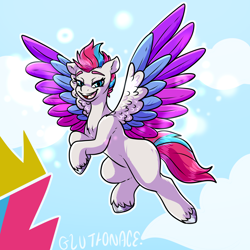 Size: 4000x4000 | Tagged: safe, artist:sexygoatgod, zipp storm, pegasus, pony, g5, my little pony: a new generation, spoiler:g5, spoiler:my little pony: a new generation, absurd resolution, colored wings, cute, eyebrows, female, fluffy, flying, looking at you, mare, open mouth, open smile, simple background, smiling, solo, spread wings, tail, unshorn fetlocks, wing fluff, wings