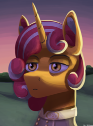 Size: 1000x1346 | Tagged: safe, artist:vezja, oc, oc:burnside fervor, pony, unicorn, equestria at war mod, bust, clothes, commission, confederate, ear fluff, female, forest, hill, mare, older, portrait, sunset, uniform