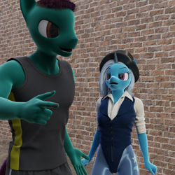 Size: 1620x1620 | Tagged: safe, artist:stellarator, trixie, oc, oc:protein shake, anthro, unguligrade anthro, comic:we will be adored, comic:we will be adored part 21, g4, 3d, blender, blender cycles, comic panel, duo, female, hat, male, not sfm, nylons, top hat