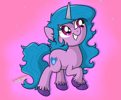 Size: 2863x2350 | Tagged: safe, artist:background basset, izzy moonbow, pony, unicorn, g5, my little pony: a new generation, blue mane, blue tail, female, high res, horn, mare, raised hoof, simple background, smiling, solo, tail, unshorn fetlocks, watermark