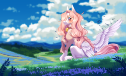 Size: 5000x3000 | Tagged: safe, artist:ohhoneybee, oc, oc only, oc:tsetsumi, pegasus, pony, bell, bell collar, cloud, collar, female, flower, mare, mountain, mountain range, scenery, sky, solo