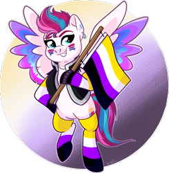Size: 943x962 | Tagged: safe, artist:binkyt11, derpibooru exclusive, zipp storm, pegasus, pony, g5, bisexual pride flag, clothes, commission, ear piercing, earring, eyebrow piercing, face paint, flag, flying, gender headcanon, grin, headcanon, jacket, jewelry, leather jacket, lgbt headcanon, makeup, necklace, nonbinary, nonbinary pride flag, nose piercing, nose ring, piercing, pride, pride flag, pride socks, sexuality headcanon, smiling, socks, solo, spiked wristband, striped socks, wristband
