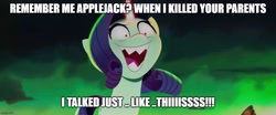 Size: 1194x499 | Tagged: safe, edit, screencap, rarity, g5, my little pony: a new generation, spoiler:my little pony: a new generation, caption, evil rarity, fangs, image macro, implied applejack, implied applejack's parents, implied murder, judge doom, possessed, rarisnap, red pupils, reference, sproutity, text, who framed roger rabbit