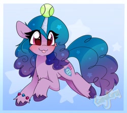 Size: 1024x915 | Tagged: safe, artist:tinykiru, izzy moonbow, pony, unicorn, g5, :3, :p, ball, blushing, cheek fluff, chest fluff, cute, ethereal mane, eye clipping through hair, female, horn, horn impalement, hornball, izzy's tennis ball, izzybetes, leg fluff, mare, solo, starry mane, stars, tennis ball, tongue out