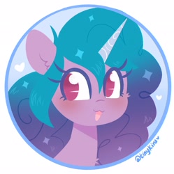 Size: 2036x2048 | Tagged: safe, artist:tinykiru, izzy moonbow, pony, unicorn, g5, :3, bust, cheek fluff, chest fluff, cute, ear fluff, female, heart, high res, icon, izzybetes, mare, no pupils, open mouth, portrait, solo