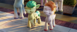 Size: 1920x804 | Tagged: safe, screencap, pegasus, pony, g5, my little pony: a new generation, 3d, eyes closed, foal, pippsqueaks, smiling, unnamed character, unnamed pony, zephyr heights