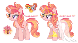Size: 1280x713 | Tagged: safe, artist:afterglory, amber laurel, sunset shimmer, oc, oc:angel laura, pony, unicorn, g4, base used, bracelet, clothe, clothes, female, horn, horn ring, jewelry, magical lesbian spawn, mare, offspring, parent:amber laurel, parent:sunset shimmer, parents:shimmerlaurel, ring, see-through, simple background, toga, transparent background