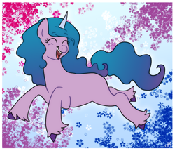Size: 1188x1022 | Tagged: safe, artist:greenarsonist, izzy moonbow, pony, unicorn, g5, my little pony: a new generation, bisexual pride flag, flower, jumping, pride, pride flag, smiling, solo, unshorn fetlocks
