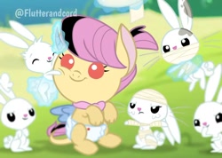 Size: 1080x767 | Tagged: safe, artist:flutterandcord, angel bunny, oc, oc:honey drops, hybrid, g4, the last problem, baby, diaper, female, filly, hug, injured, interspecies offspring, magic, offspring, outdoors, parent:discord, parent:fluttershy, parents:discoshy, signature, smiling