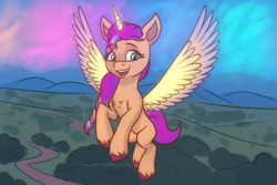 Size: 3000x2000 | Tagged: safe, artist:shad0w-galaxy, sunny starscout, alicorn, earth pony, pony, g5, my little pony: a new generation, spoiler:g5, spoiler:my little pony: a new generation, alicornified, artificial wings, augmented, female, flying, glowing, glowing horn, high res, horn, magic, magic wings, mare, night, open mouth, race swap, sky, smiling, solo, sunnycorn, wings