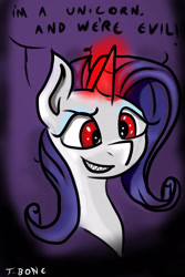 Size: 2000x3000 | Tagged: safe, artist:t-bon3thepony, rarity, pony, unicorn, g5, my little pony: a new generation, evil rarity, female, glowing, glowing horn, high res, horn, possessed, red eyes, sharp teeth, solo, teeth