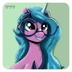 Size: 1125x1125 | Tagged: safe, artist:jearknds, izzy moonbow, pony, unicorn, g5, bust, female, glasses, izzy's crafting glasses, solo