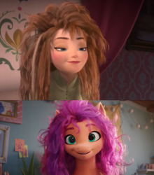 Size: 1075x1219 | Tagged: safe, screencap, sunny starscout, earth pony, pony, g5, my little pony: a new generation, spoiler:my little pony: a new generation, 3d, anna, bed hair, female, frozen (movie), mare, meme, messy hair, messy mane