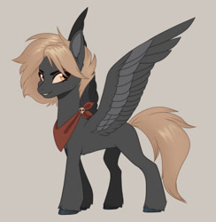 Size: 1024x1050 | Tagged: safe, artist:nettlemoth, oc, oc only, oc:robin redstart, pegasus, pony, g5, beige background, eyeshadow, female, looking at you, makeup, mare, red bandana, simple background, solo, spread wings, standing, wings