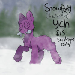 Size: 719x719 | Tagged: safe, artist:bluemoon, earth pony, fish, pony, yakutian horse, advertisement, animated, animated ych, blurry background, commission, generic pony, gif, mouth hold, smiling, snow, solo, ych example, your character here