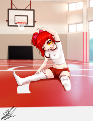 Size: 1000x1300 | Tagged: safe, artist:thatdreamerarts, apple bloom, earth pony, human, g4, apple bloom's bow, basket, bow, clothes, female, futsal, hair bow, humanized, long socks, pants, ponytail, school, school uniform, schoolgirl, shorts, soccer uniform, socks, solo, stretching, teenager, thigh highs, thigh socks, young