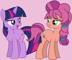 Size: 1504x1248 | Tagged: safe, artist:iambrilliancetheppg, artist:jadeharmony, sunny starscout, twilight sparkle, earth pony, pony, unicorn, g5, backwards cutie mark, base used, braid, duo, female, looking at each other, mare, open mouth, purple background, simple background, sunny and her heroine, unicorn twilight