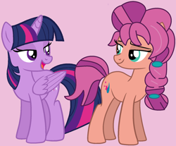 Size: 1504x1248 | Tagged: safe, alternate version, artist:iambrilliancetheppg, artist:jadeharmony, sunny starscout, twilight sparkle, alicorn, earth pony, pony, g5, base used, duo, female, looking at each other, mare, open mouth, purple background, simple background, sunny and her heroine, twilight sparkle (alicorn)