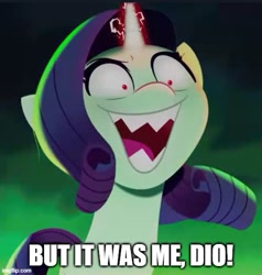 Size: 500x525 | Tagged: safe, artist:firehearttheinferno, edit, edited screencap, screencap, rarity, pony, unicorn, g5, my little pony: a new generation, spoiler:my little pony: a new generation, caption, evil, evil grin, evil rarity, female, grin, image macro, insanity, jojo reference, kono dio da, mare, meme, pony history, possessed, rarisnap, red eyes, red pupils, sharp teeth, sinister, smiling, sproutity, teeth, text