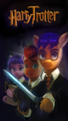 Size: 708x1258 | Tagged: safe, edit, edited screencap, editor:xbi, screencap, earth pony, pony, g5, my little pony: a new generation, spoiler:my little pony: a new generation, bipedal, book, clothes, glasses, harry potter, harry potter (series), harry potter and the chamber of secrets, harry trotter, hermione granger, looking at you, magic wand, movie poster, necktie, ponified, ron weasley, sword, weapon