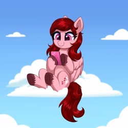 Size: 4000x4000 | Tagged: safe, artist:confetticakez, oc, oc only, oc:cherry showers, pegasus, pony, blushing, cellphone, cloud, on a cloud, phone, sitting, sitting on a cloud, smartphone, smiling, solo, underhoof