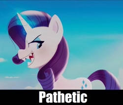 Size: 822x708 | Tagged: safe, edit, edited screencap, screencap, rarity, pony, unicorn, g5, my little pony: a new generation, spoiler:g5, spoiler:my little pony: a new generation, caption, evil, evil grin, evil rarity, female, grin, image macro, open mouth, pathetic, possessed, sharp teeth, smiling, solo, sproutity, stray strand, teeth, text