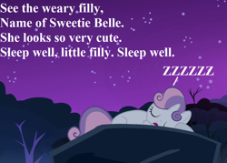 Size: 1008x720 | Tagged: safe, edit, edited screencap, editor:korora, screencap, sweetie belle, pony, g4, sleepless in ponyville, cropped, cute, diasweetes, onomatopoeia, poem, sleeping, solo, sound effects, text, tree, zzz