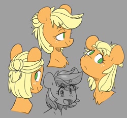 Size: 951x886 | Tagged: safe, artist:chub-wub, applejack, earth pony, pony, g4, alternate hairstyle, bust, chest fluff, cute, female, gray background, hair up, jackabetes, looking at you, mare, no pupils, open mouth, portrait, profile, short hair, short mane, simple background, solo
