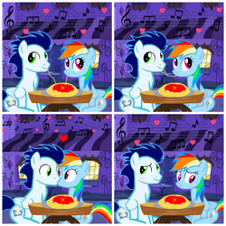 Size: 1280x1280 | Tagged: safe, artist:mlplary6, rainbow dash, soarin', pegasus, pony, g4, female, kissing, lady and the tramp, looking at each other, looking at someone, male, ship:soarindash, shipping, straight