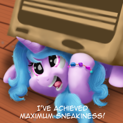 Size: 1854x1854 | Tagged: safe, artist:doodledonutart, izzy moonbow, pony, unicorn, g5, my little pony: a new generation, spoiler:g5, spoiler:my little pony: a new generation, box, cute, female, floor, horn, izzybetes, medium sneaky, metal gear solid, sneak 100, sneaky, solo, text