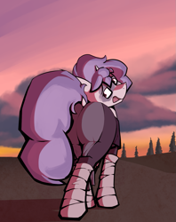 Size: 1125x1418 | Tagged: safe, artist:triplesevens, oc, oc only, oc:triple sevens, pony, unicorn, bedroom eyes, butt, cloud, dock, face paint, fantasy class, horn, looking at you, looking back, looking back at you, male, open mouth, outdoors, plot, ponybooru import, raised tail, sky, solo, sunset, tail, tree