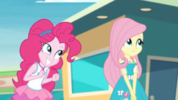 Size: 3410x1920 | Tagged: safe, screencap, fluttershy, pinkie pie, equestria girls, equestria girls specials, g4, my little pony equestria girls: better together, my little pony equestria girls: rollercoaster of friendship, clothes, cutie mark, cutie mark on clothes, female, geode of fauna, geode of sugar bombs, grin, high res, jewelry, magical geodes, necklace, smiling, tank top