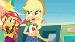 Size: 3410x1920 | Tagged: safe, screencap, applejack, sunset shimmer, equestria girls, equestria girls specials, g4, my little pony equestria girls: better together, my little pony equestria girls: rollercoaster of friendship, applejack's hat, belt, clothes, cowboy hat, crossed arms, cute, cutie mark, cutie mark on clothes, denim skirt, female, geode of empathy, geode of super strength, hat, high res, jackabetes, jacket, jewelry, leather, leather jacket, magical geodes, necklace, open mouth, shimmerbetes, skirt, smiling