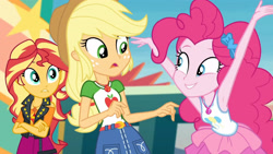 Size: 3410x1920 | Tagged: safe, screencap, applejack, pinkie pie, sunset shimmer, equestria girls, equestria girls specials, g4, my little pony equestria girls: better together, my little pony equestria girls: rollercoaster of friendship, applejack's hat, armpits, belt, clothes, cowboy hat, crossed arms, cutie mark, cutie mark on clothes, denim skirt, female, geode of empathy, geode of sugar bombs, geode of super strength, hat, high res, jacket, jewelry, leather, leather jacket, magical geodes, necklace, open mouth, skirt, smiling, tank top