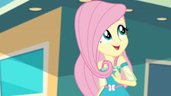 Size: 3410x1920 | Tagged: safe, screencap, fluttershy, equestria girls, equestria girls series, g4, rollercoaster of friendship, clothes, cutie mark, cutie mark on clothes, female, geode of fauna, high res, jewelry, magical geodes, necklace, open mouth, solo