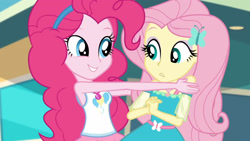 Size: 3410x1920 | Tagged: safe, screencap, fluttershy, pinkie pie, equestria girls, equestria girls specials, g4, my little pony equestria girls: better together, my little pony equestria girls: rollercoaster of friendship, clothes, cute, cutie mark, cutie mark on clothes, diapinkes, female, geode of fauna, geode of sugar bombs, hairpin, high res, jewelry, magical geodes, necklace, smiling, tank top