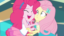 Size: 3410x1920 | Tagged: safe, screencap, fluttershy, pinkie pie, equestria girls, equestria girls specials, g4, my little pony equestria girls: better together, my little pony equestria girls: rollercoaster of friendship, clothes, cutie mark, cutie mark on clothes, eyes closed, female, geode of fauna, geode of sugar bombs, hairpin, high res, jewelry, magical geodes, necklace, open mouth, tank top