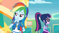 Size: 3410x1920 | Tagged: safe, screencap, rainbow dash, sci-twi, twilight sparkle, equestria girls, equestria girls specials, g4, my little pony equestria girls: better together, my little pony equestria girls: rollercoaster of friendship, bowtie, clothes, cutie mark, cutie mark on clothes, female, geode of super speed, geode of telekinesis, glasses, high res, hoodie, jewelry, magical geodes, necklace, ponytail, smiling