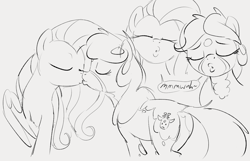 Size: 1128x727 | Tagged: safe, artist:dotkwa, fluttershy, oc, oc:dotmare, earth pony, pegasus, pony, g4, butt, canon x oc, eyes closed, female, grayscale, kiss on the lips, kissing, kissy face, lesbian, mare, monochrome, plot, shipping, simple background, white background