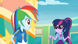 Size: 3410x1920 | Tagged: safe, screencap, rainbow dash, sci-twi, twilight sparkle, equestria girls, equestria girls specials, g4, my little pony equestria girls: better together, my little pony equestria girls: rollercoaster of friendship, bowtie, clothes, cutie mark, cutie mark on clothes, female, geode of super speed, geode of telekinesis, glasses, high res, hoodie, jewelry, magical geodes, necklace, ponytail, smiling