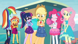 Size: 3410x1920 | Tagged: safe, screencap, applejack, fluttershy, pinkie pie, rainbow dash, sci-twi, sunset shimmer, twilight sparkle, equestria girls, equestria girls series, g4, rollercoaster of friendship, applejack's hat, bowtie, clothes, cotton candy, cowboy hat, crossed arms, cute, cutie mark, cutie mark on clothes, denim skirt, diapinkes, eyes closed, female, geode of empathy, geode of fauna, geode of sugar bombs, geode of super speed, geode of super strength, geode of telekinesis, glasses, hairpin, hand on hip, hat, high res, hoodie, jewelry, magical geodes, necklace, ponytail, rah rah skirt, skirt, smiling