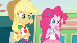 Size: 3410x1920 | Tagged: safe, screencap, applejack, pinkie pie, equestria girls, equestria girls specials, g4, my little pony equestria girls: better together, my little pony equestria girls: rollercoaster of friendship, applejack's hat, belt, clothes, cowboy hat, cutie mark, cutie mark on clothes, denim skirt, female, geode of sugar bombs, geode of super strength, hat, high res, jewelry, magical geodes, necklace, skirt