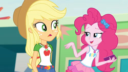 Size: 3410x1920 | Tagged: safe, screencap, applejack, pinkie pie, equestria girls, equestria girls specials, g4, my little pony equestria girls: better together, my little pony equestria girls: rollercoaster of friendship, applejack's hat, belt, cellphone, clothes, cowboy hat, cutie mark, cutie mark on clothes, denim skirt, female, geode of sugar bombs, geode of super strength, hat, high res, jewelry, magical geodes, necklace, open mouth, phone, skirt, smartphone