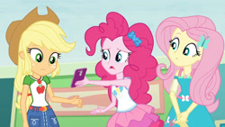 Size: 3410x1920 | Tagged: safe, screencap, applejack, fluttershy, pinkie pie, equestria girls, equestria girls specials, g4, my little pony equestria girls: better together, my little pony equestria girls: rollercoaster of friendship, applejack's hat, belt, cellphone, clothes, cowboy hat, cutie mark, cutie mark on clothes, denim skirt, female, geode of fauna, geode of sugar bombs, geode of super strength, hairpin, hat, high res, jewelry, magical geodes, necklace, open mouth, phone, skirt, smartphone
