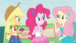 Size: 3410x1920 | Tagged: safe, screencap, applejack, fluttershy, pinkie pie, equestria girls, equestria girls specials, g4, my little pony equestria girls: better together, my little pony equestria girls: rollercoaster of friendship, applejack's hat, belt, cellphone, clothes, cowboy hat, cutie mark, cutie mark on clothes, denim skirt, female, geode of fauna, geode of sugar bombs, geode of super strength, hairpin, hat, high res, jewelry, magical geodes, necklace, phone, skirt, smartphone, smiling