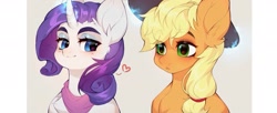 Size: 1737x707 | Tagged: safe, artist:minekoo2, edit, applejack, rarity, earth pony, pony, unicorn, g4, bandana, blushing, cowboy hat, cropped, digital art, duo, female, glowing, glowing horn, hat, heart, horn, lesbian, looking at each other, magic, mare, open mouth, ship:rarijack, shipping, simple background