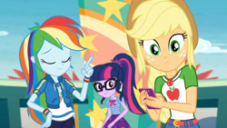 Size: 3410x1920 | Tagged: safe, screencap, applejack, rainbow dash, sci-twi, twilight sparkle, equestria girls, equestria girls specials, g4, my little pony equestria girls: better together, my little pony equestria girls: rollercoaster of friendship, applejack's hat, belt, cellphone, clothes, cowboy hat, cutie mark, cutie mark on clothes, denim skirt, eyes closed, female, geode of super speed, geode of super strength, geode of telekinesis, glasses, hat, high res, jewelry, magical geodes, necklace, phone, ponytail, skirt, smartphone, smiling