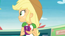 Size: 3410x1920 | Tagged: safe, screencap, applejack, equestria girls, equestria girls specials, g4, my little pony equestria girls: better together, my little pony equestria girls: rollercoaster of friendship, applejack's hat, cellphone, clothes, cowboy hat, cutie mark, cutie mark on clothes, female, geode of super strength, hat, high res, jewelry, magical geodes, necklace, phone, smartphone, solo